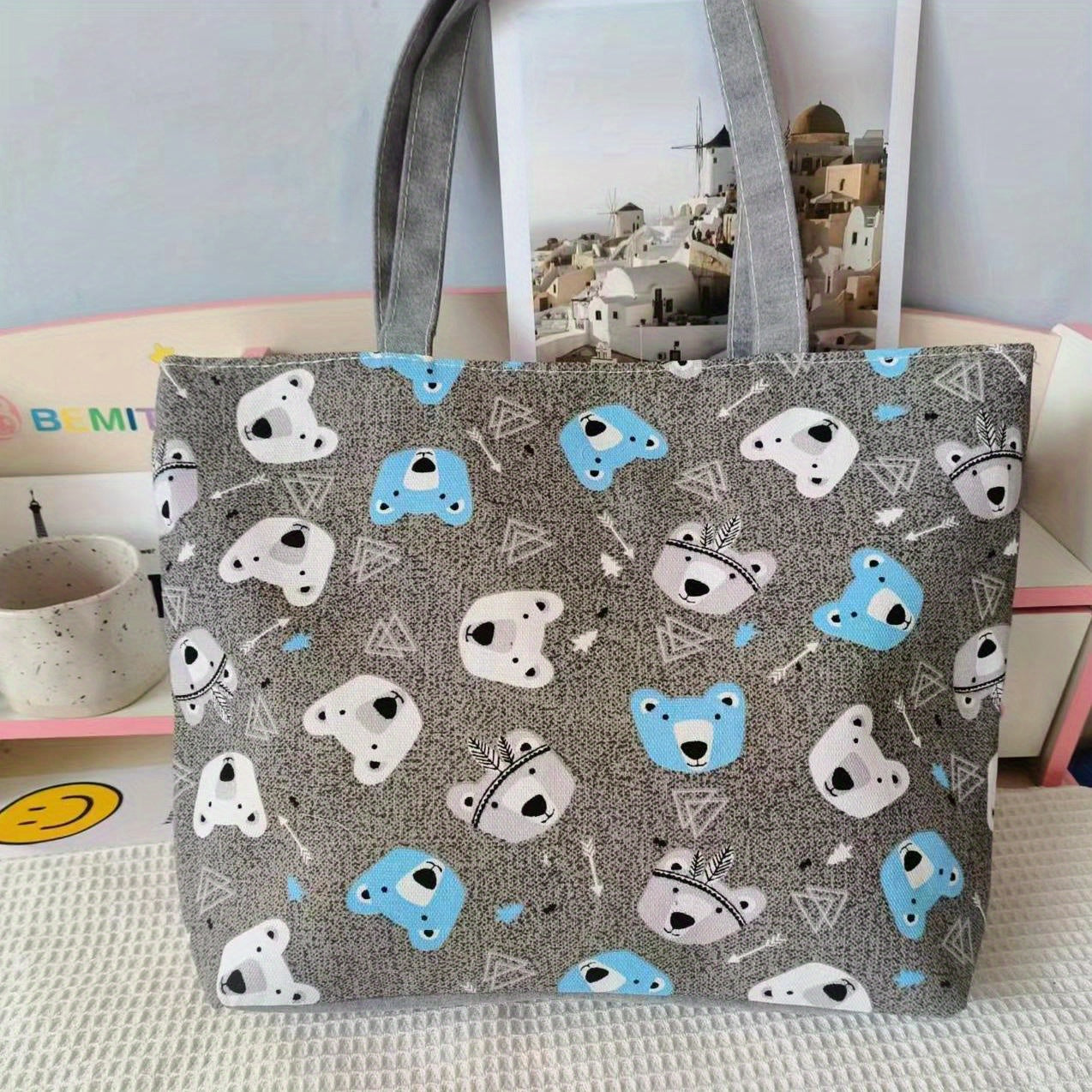 Canvas Vintage Geometric Pattern Tote Bag Large Capacity Shoulder Bag