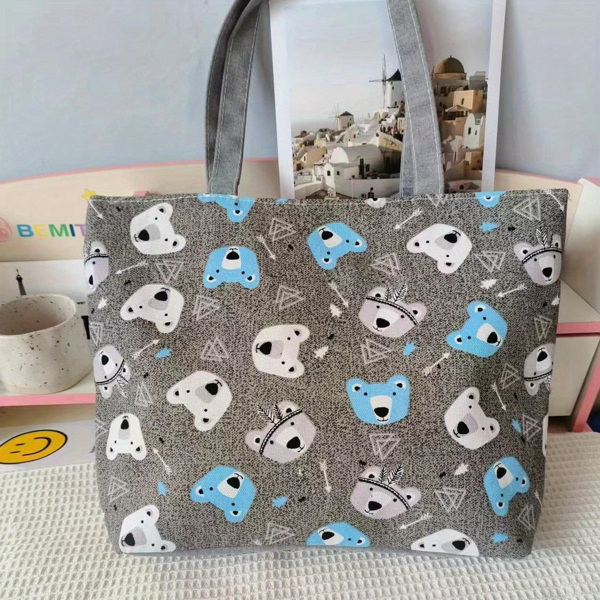 Canvas Vintage Geometric Pattern Tote Bag Large Capacity Shoulder Bag