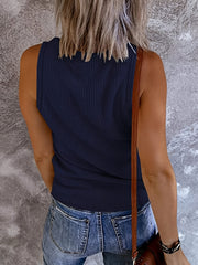 Ribbed Button Tank Top Sleeveless V Neck Casual Women's Top