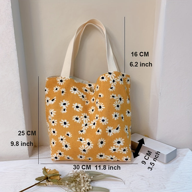 Floral Pattern Corduroy Handbag Lunch Bag Snap Button Satchel Purse