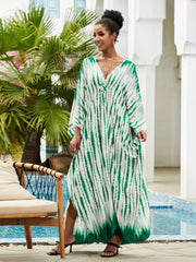  Boho Kaftan Dress Tie Dye Striped Print V Neck Maxi Beach Dress