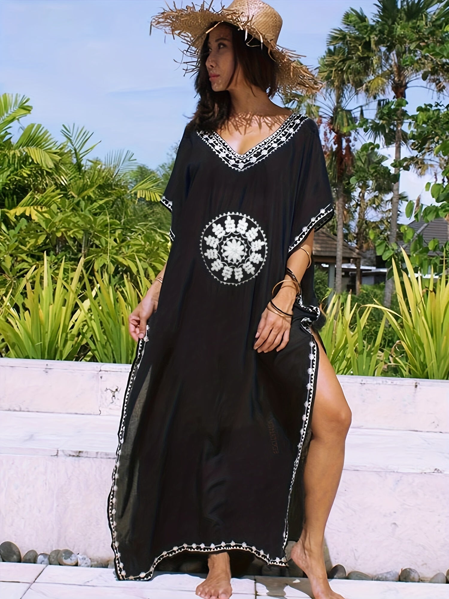 Boho Kaftan Dress Plus Size Floral Embroidered Batwing Sleeve V Neck