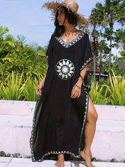 Boho Kaftan Dress Plus Size Floral Embroidered Batwing Sleeve V Neck