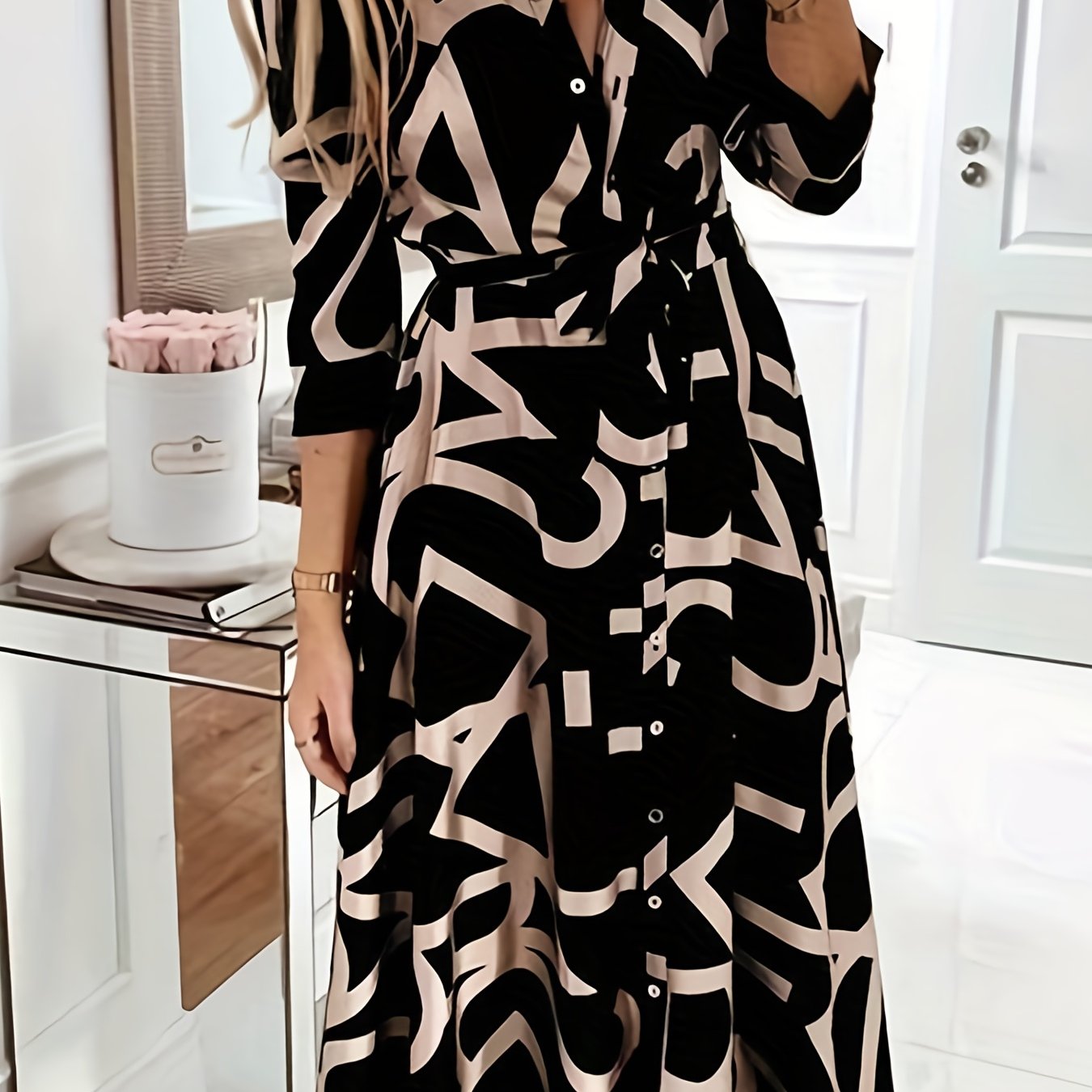  Letter Print Shirt Dress With Belt