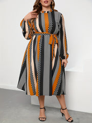  Women's Striped & Polka Dot Print Round Neck Belted Dress