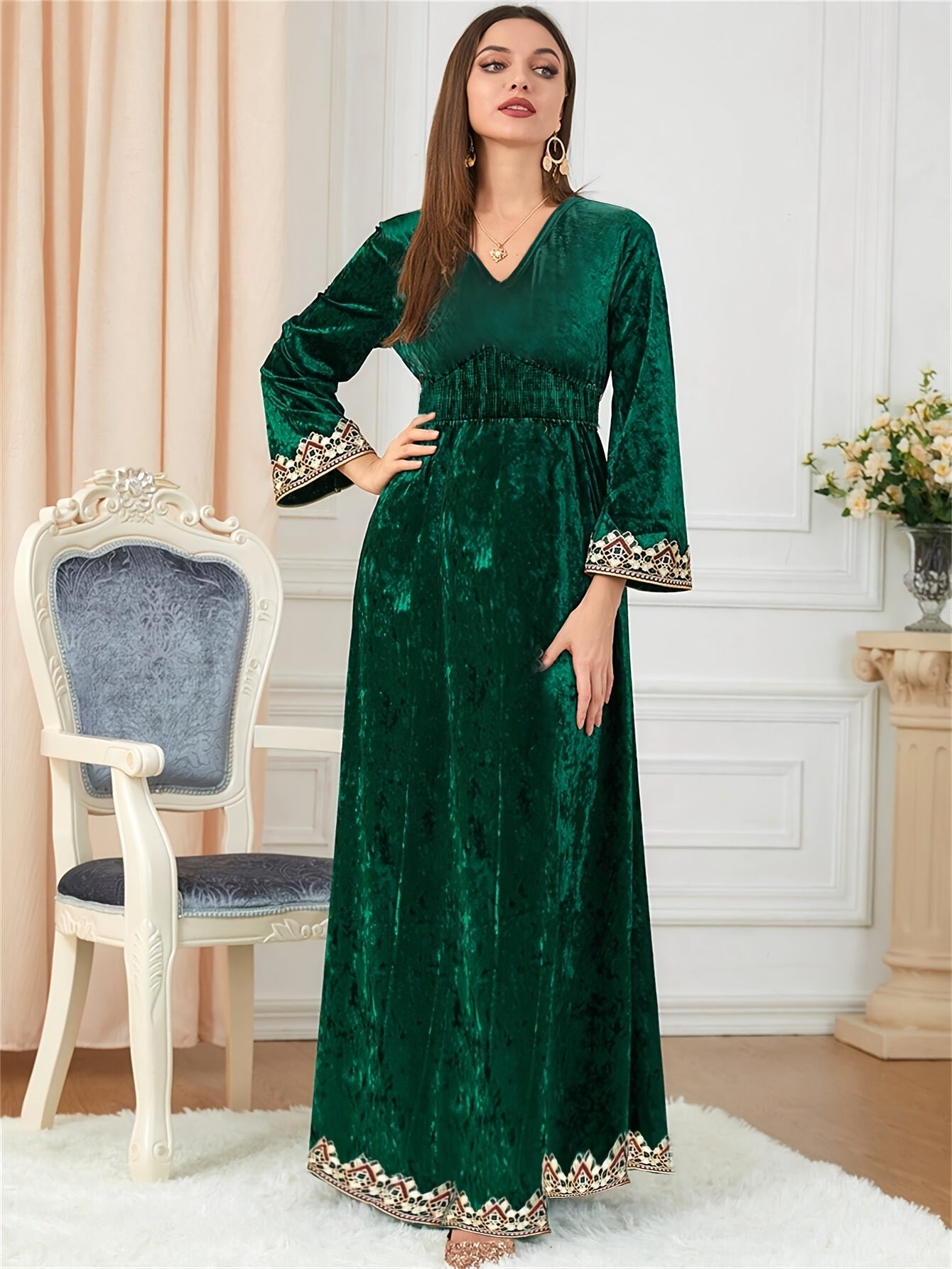  Velvet Applique Jalabiya Dress Long Sleeve Maxi Dress