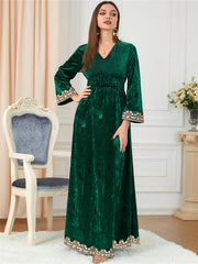  Velvet Applique Jalabiya Dress Long Sleeve Maxi Dress