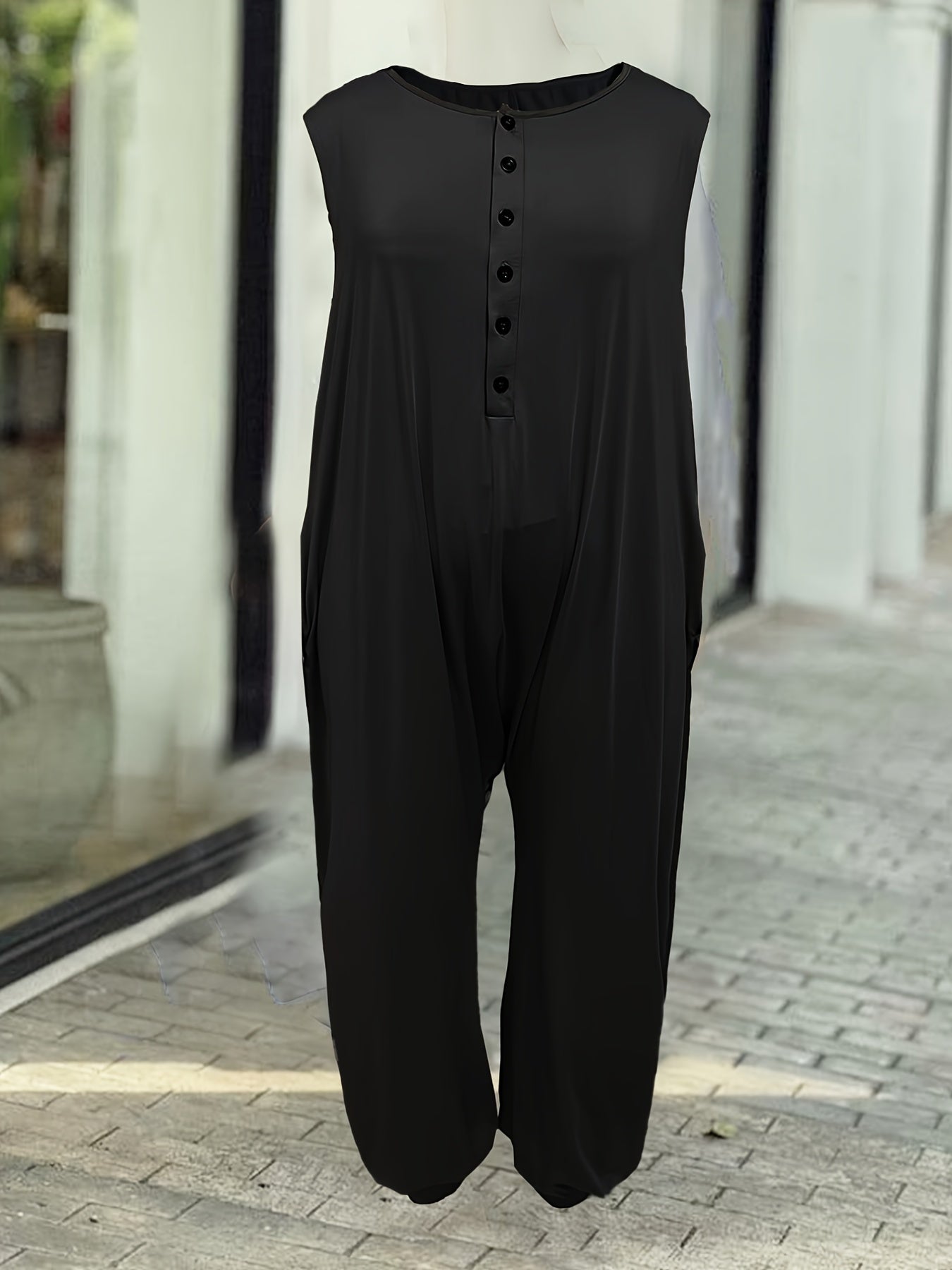  Casual Jumpsuit Solid Button Up Medium Stretch Loose Harem Jumpsuit
