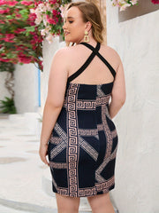  Sexy Bodycon Dress Geo Print Keyhole Halter Criss Cross