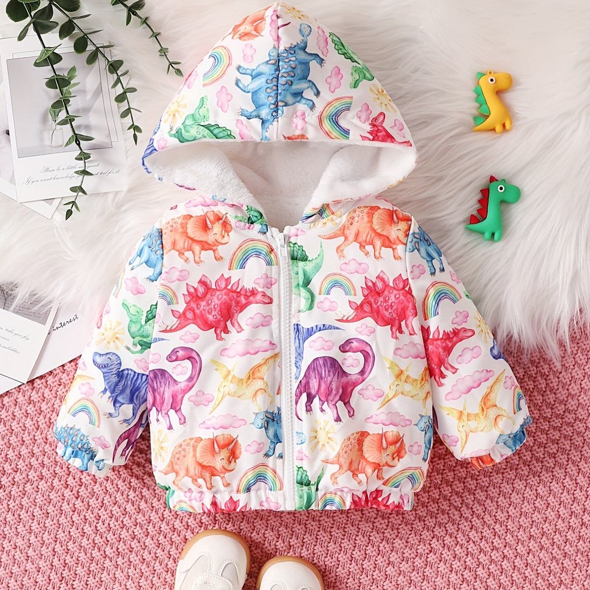 Baby Girl's Plush Hooded Coat Cartoon Dinosaur Jacket Top