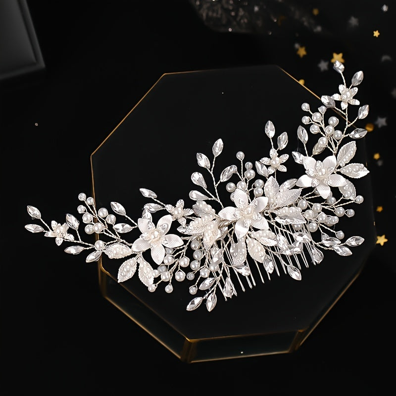 Leaf Flower Bride Wedding Hair Comb Faux Pearl Bridal Hair Piece Crystal