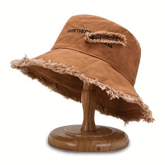 Vintage Embroidery Bucket Hat Frayed Brim Beach Sunscreen Outdoor Basin Hat