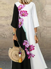 Boho Dress Colorblock Floral Print Half Sleeve Maxi Dress