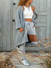  Solid Batwing Sleeve Open Front Sweater Cardigan