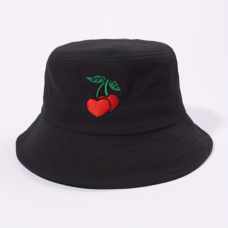 Cherry Embroidery Bucket Hat Casual Sunscreen Fisherman Cap