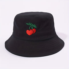 Cherry Embroidery Bucket Hat Casual Sunscreen Fisherman Cap
