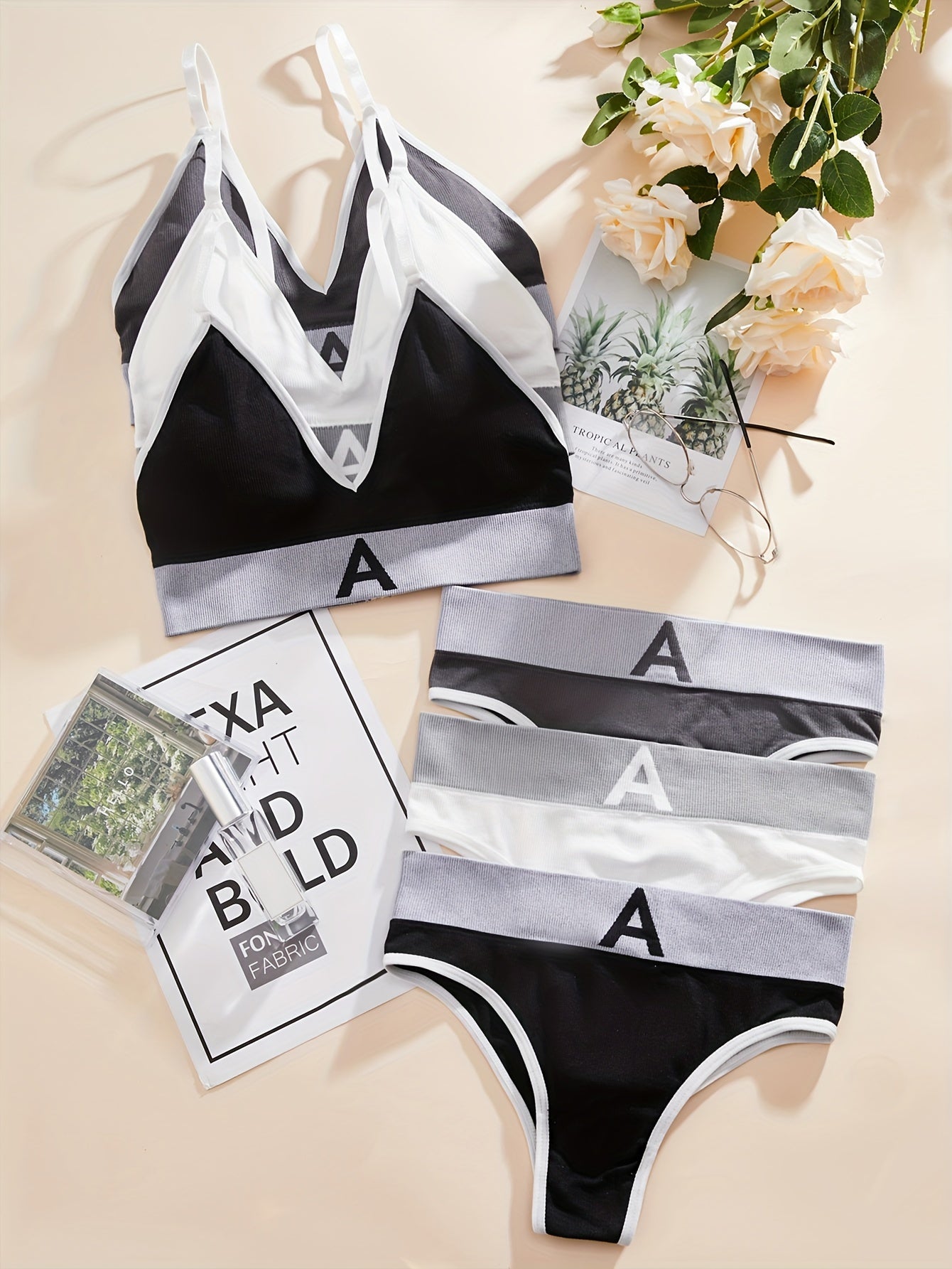 3 Sets Letter Print Bra & Panties Lingerie Set Women's Underwear