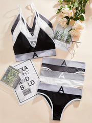 3 Sets Letter Print Bra & Panties Lingerie Set Women's Underwear