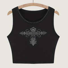 Rhinestone Graphic Print Crew Neck Tank Top