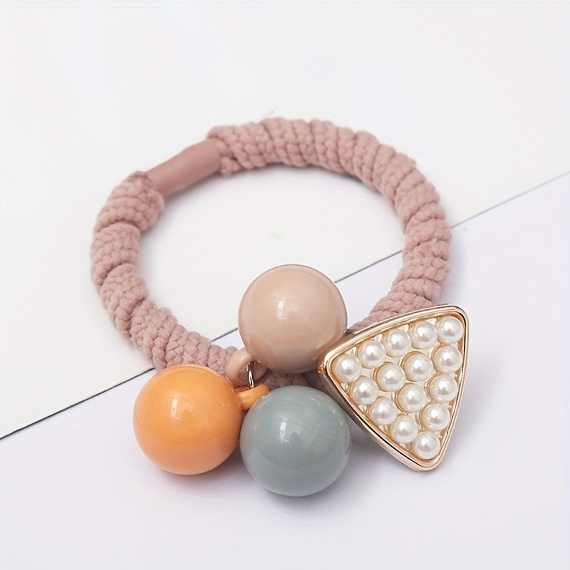 2pcs Candy Beaded Hair Tie Faux Pearl Decor Hair Rope Knitted Hair Tie
