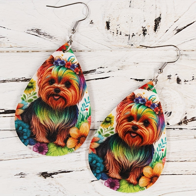 Colorful Flower Print Puppy Earrings PU Leather Jewelry Gift