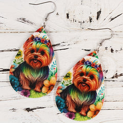 Colorful Flower Print Puppy Earrings PU Leather Jewelry Gift