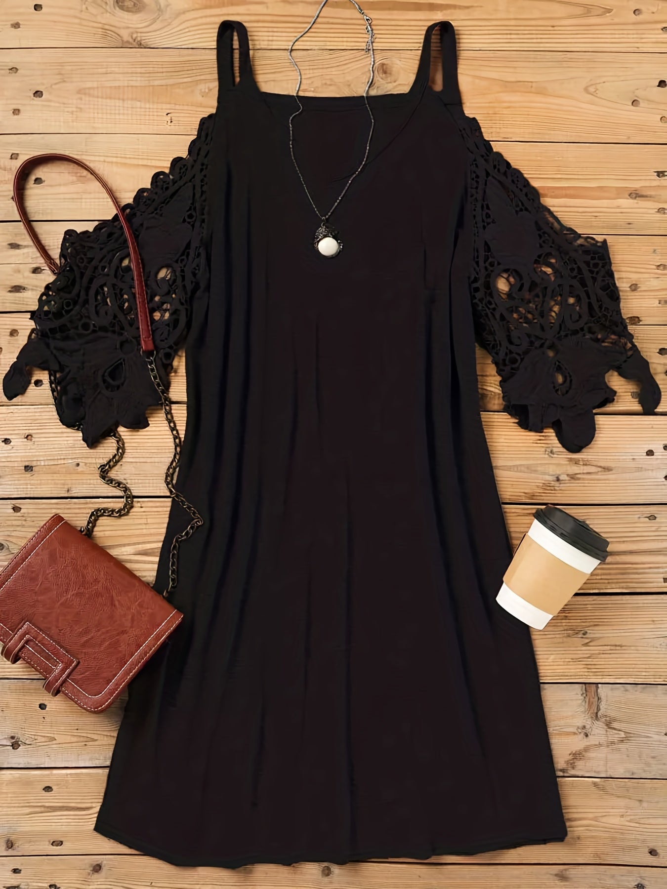  Cold Shoulder Lace V Neck Stretch Dress