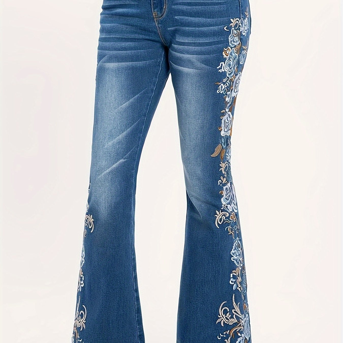  Floral Embroidery High Rise Flared Leg Jeans