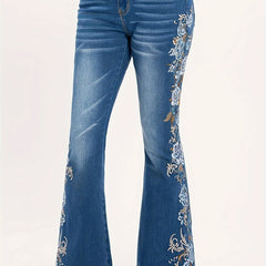  Floral Embroidery High Rise Flared Leg Jeans