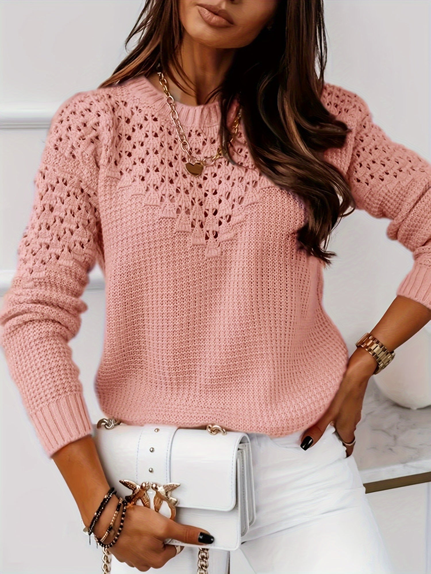  Casual Sweater Solid Hollow Out Round Neck Jumper