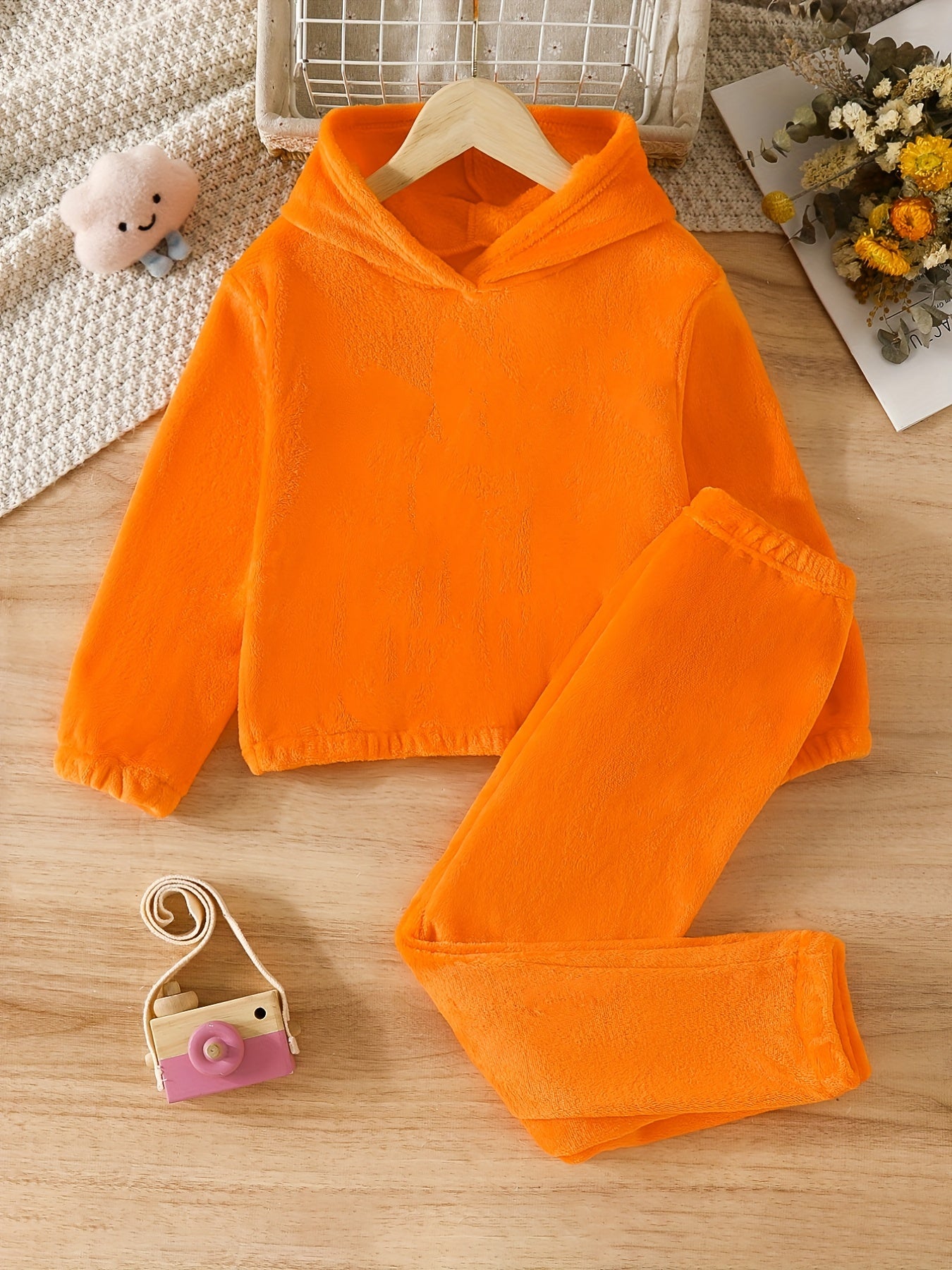 Girls Fleece Pajamas Set, Hoodie Top & Pants, Long Sleeve, Warm Lounge