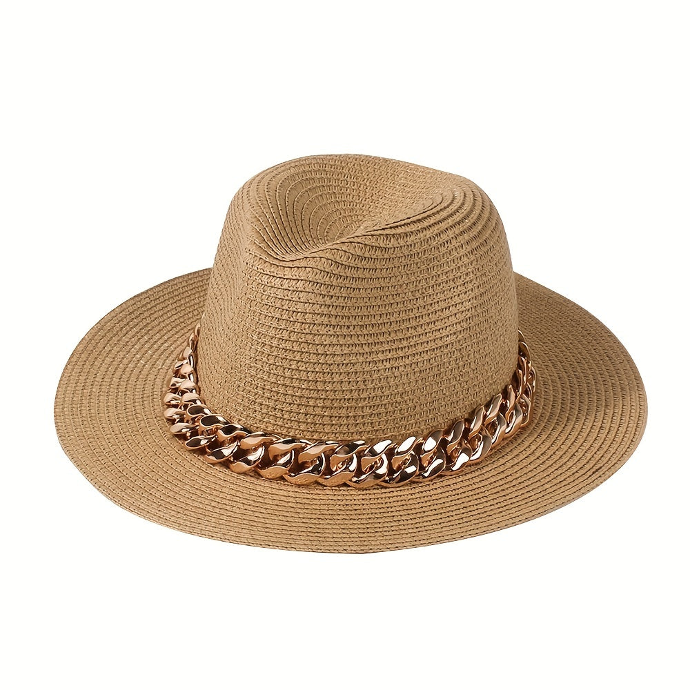 Golden Chain Decor Sun Hat Classic Coffee Jazz Fedora Cap