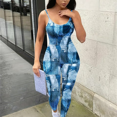 Denim Print Slim Spaghetti Jumpsuit Sexy Sleeveless Jumpsuit