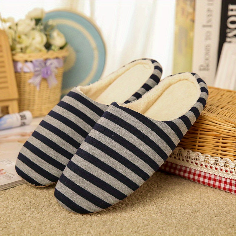 Women's Plush Lined Slippers Warm Striped Flat Shoes