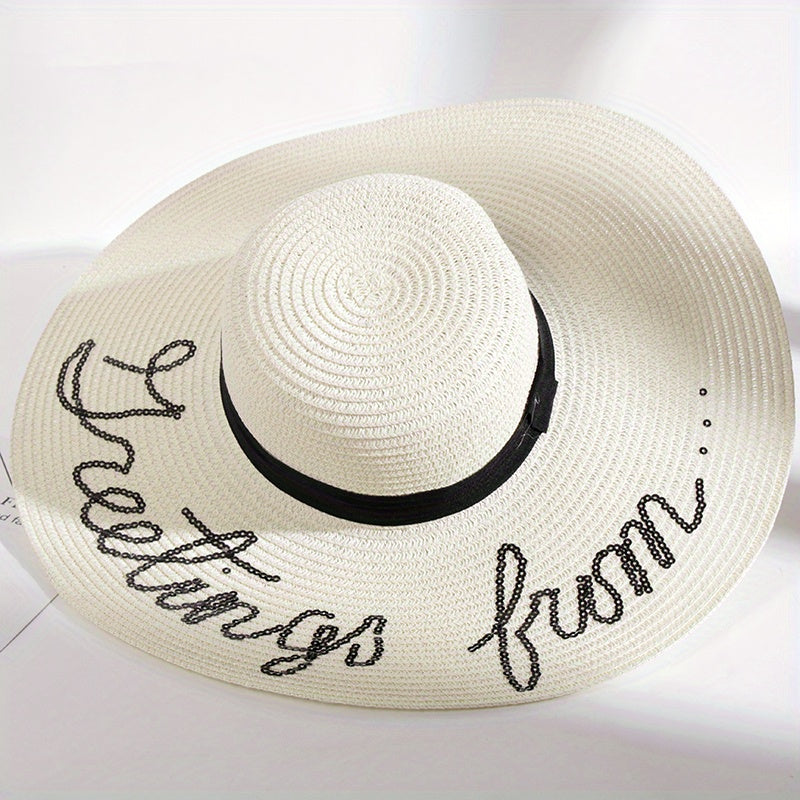 Sequin Letter Embroidery Floppy Straw Hat Wide Brim Travel Beach Hats