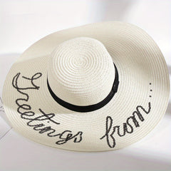 Sequin Letter Embroidery Floppy Straw Hat Wide Brim Travel Beach Hats