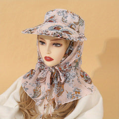 Wide Brim Floral Print Hat with Chiffon Scarf UV Protection Working Cap