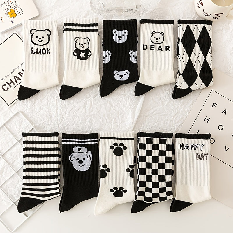 5 Pairs Bear & Paw Print Mid Tube Socks Women's Stockings