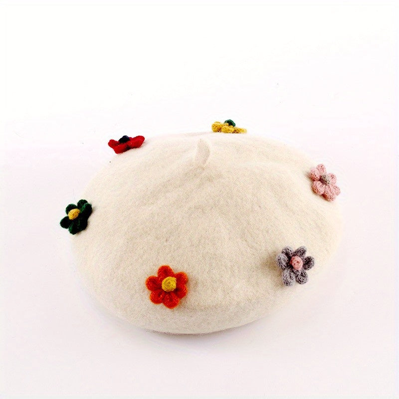 Women's Flower Decor Beret Solid Warm Painter Hats