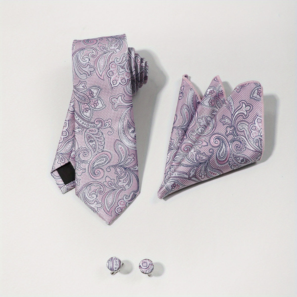 Purple Paisley Jacquard Tie Set & Lapel Pin Brooch & Handkerchief