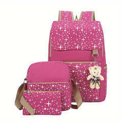 3-Pc Preppy Star Pattern Bag Set: Backpack, Crossbody Bag & Clutch Pouch