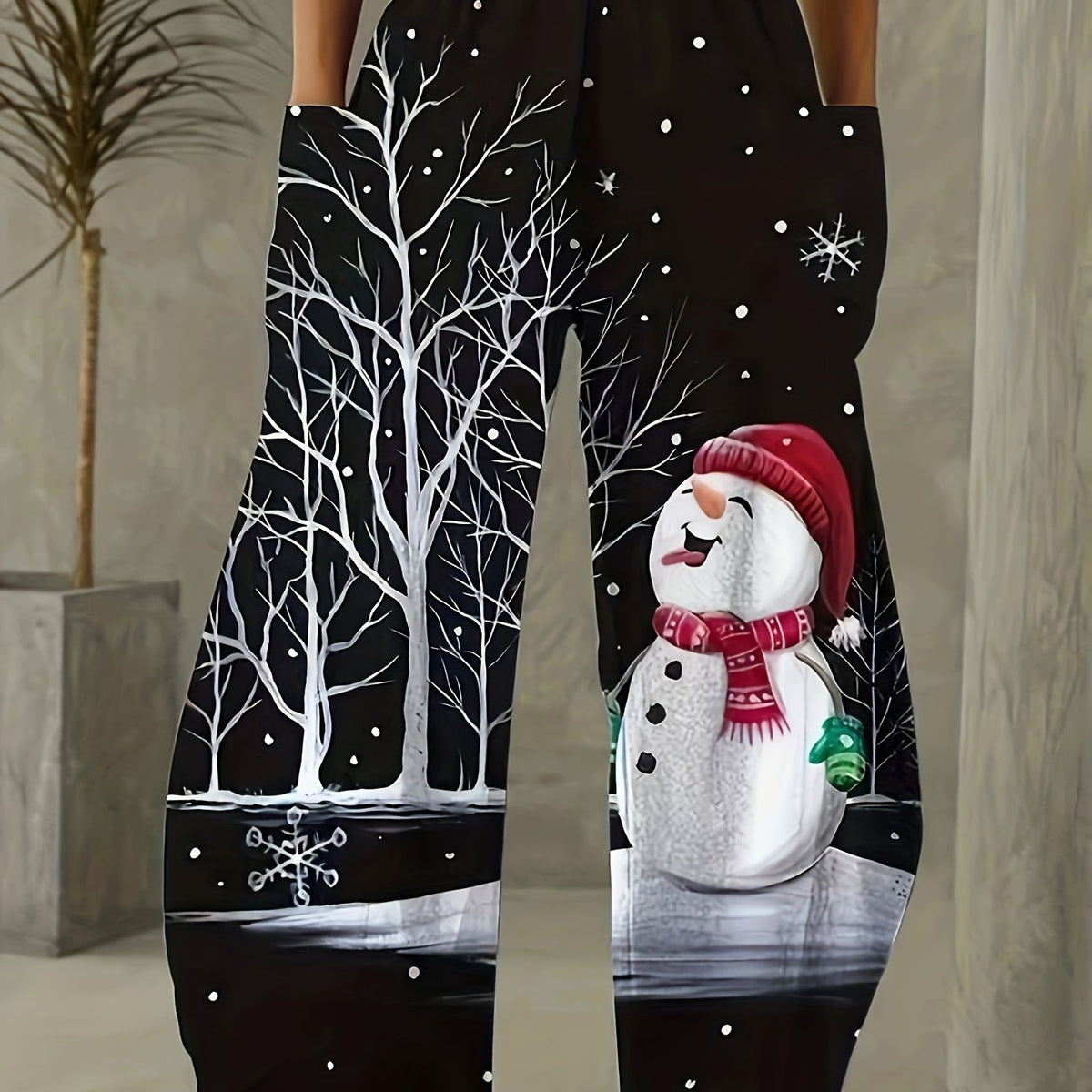 Women's Plus Snowman Print High Rise Wide Leg Trousers