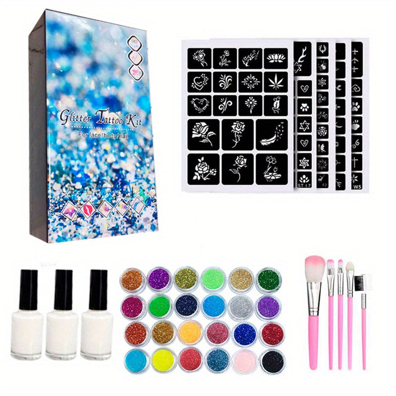 Temporary Glitter Tattoo Kit 24 Colors 200 Stencils 5 Brushes 3 Glue