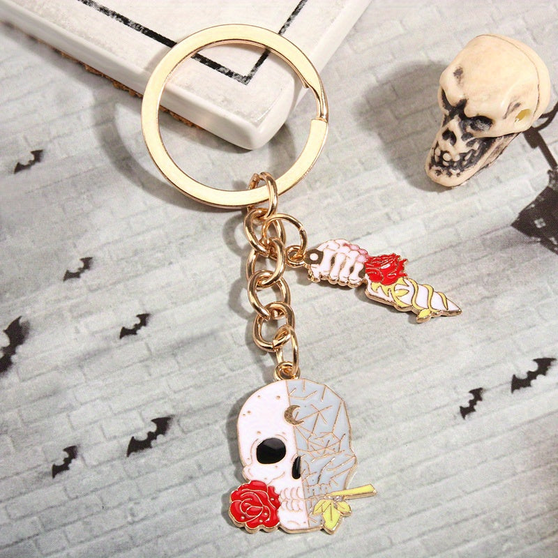 Y2K Rose Flower Skull Keychain Hiphop Punk Key Ring Purse Bag