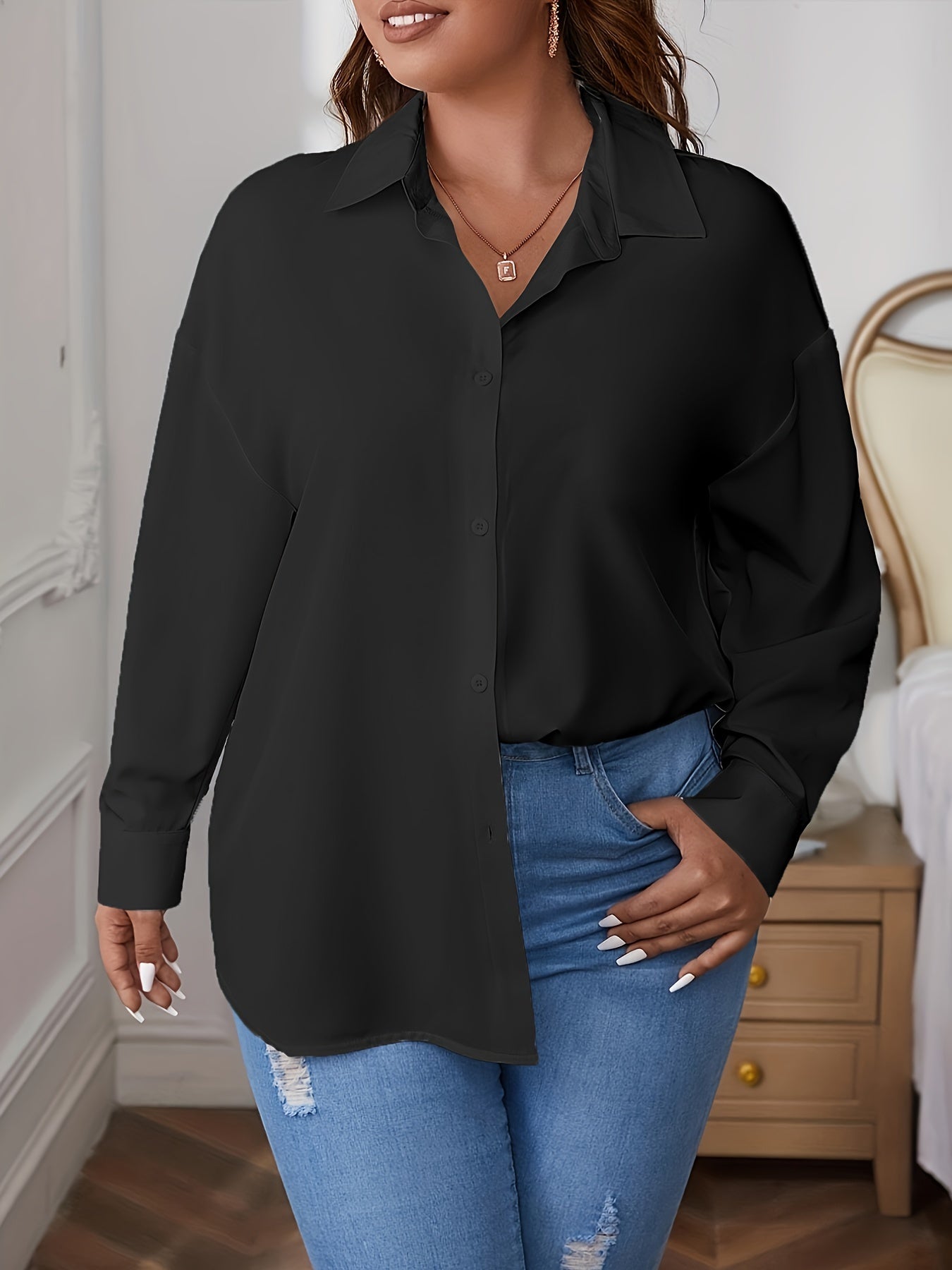  Solid Long Sleeve Button Up Workwear Shirt