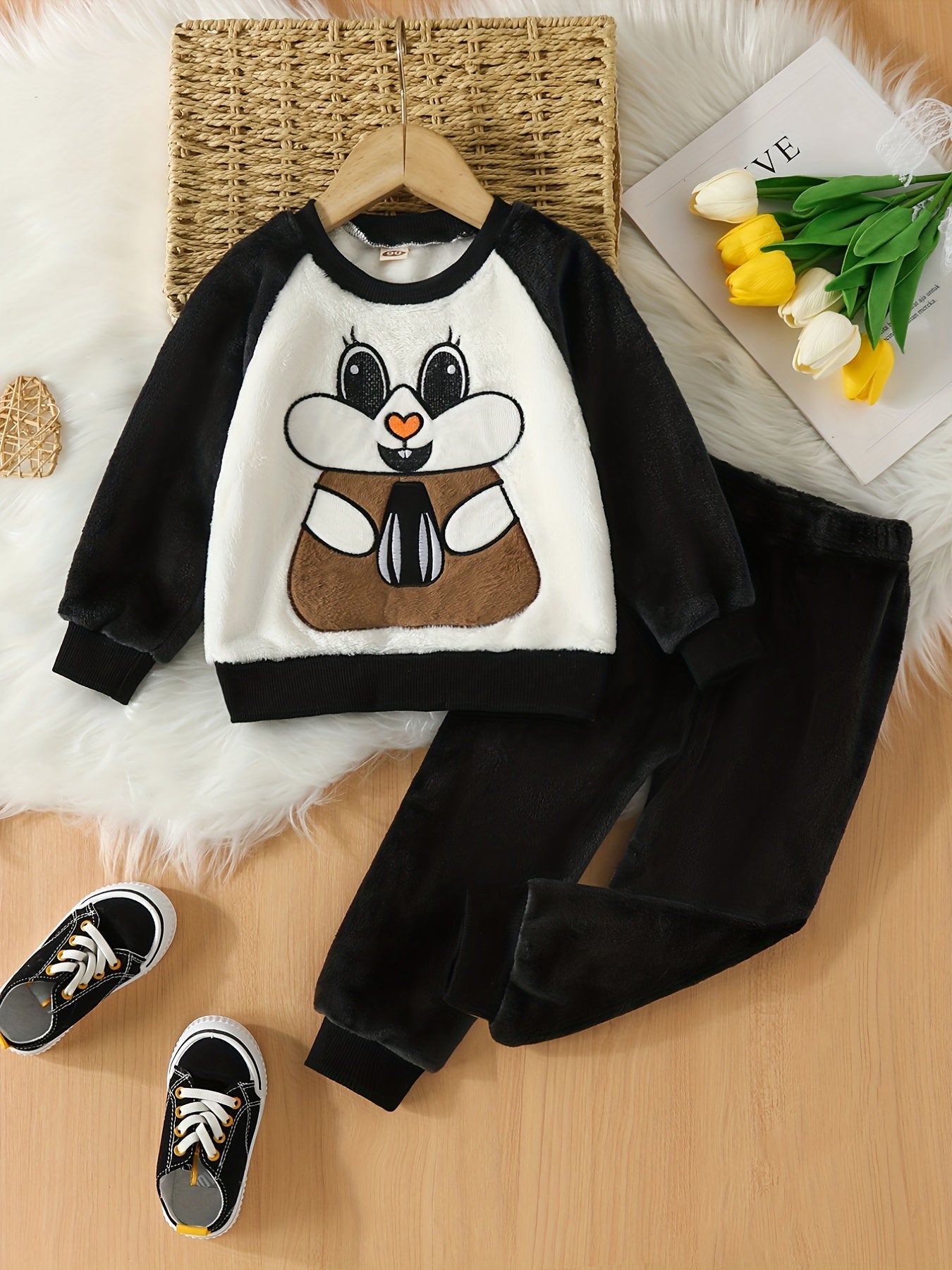 Girls Bunny Rabbit Fleece Pajamas Set Long Sleeve Top Matching Pants