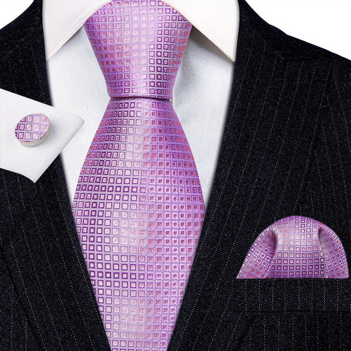 Barry Wang Men's Necktie Cufflinks Square Scarf Set Silk Plaid Pattern