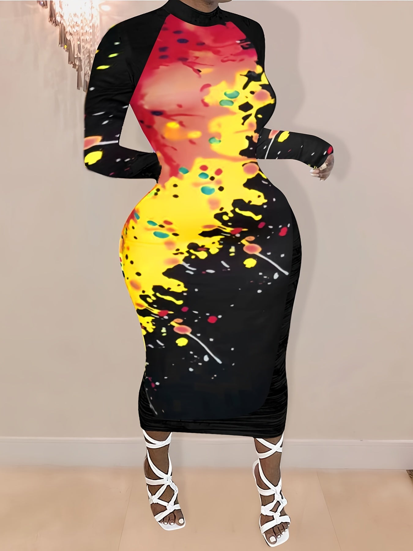  Splash Painting Print Long Sleeve Dress