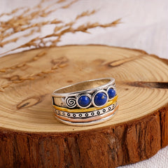 Lapis Lazuli Ring Three Tone Meditation Spinning Band Silver Plated