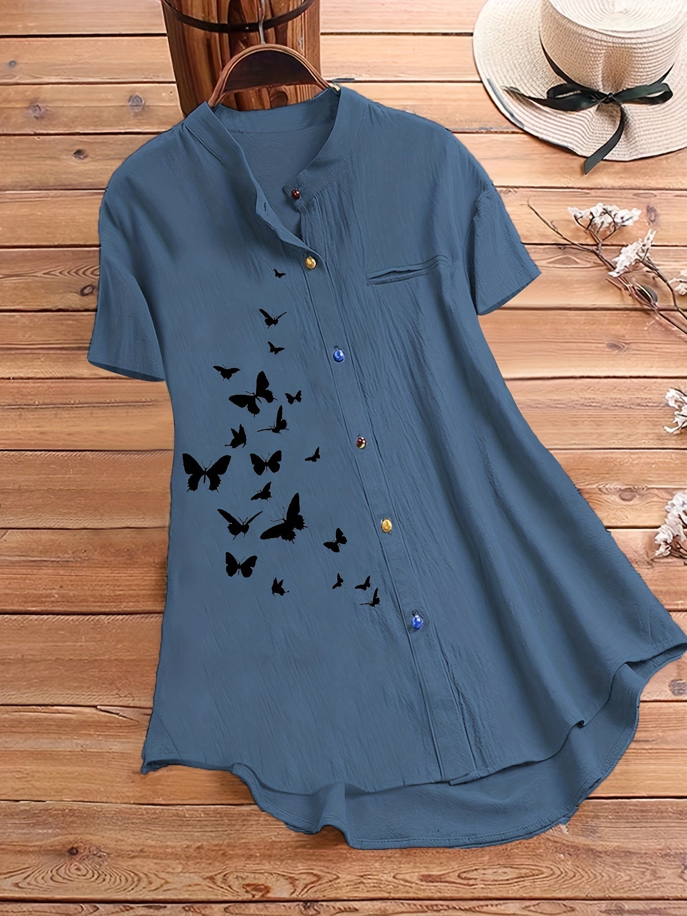  Butterfly Print Short Sleeve Button Shirt